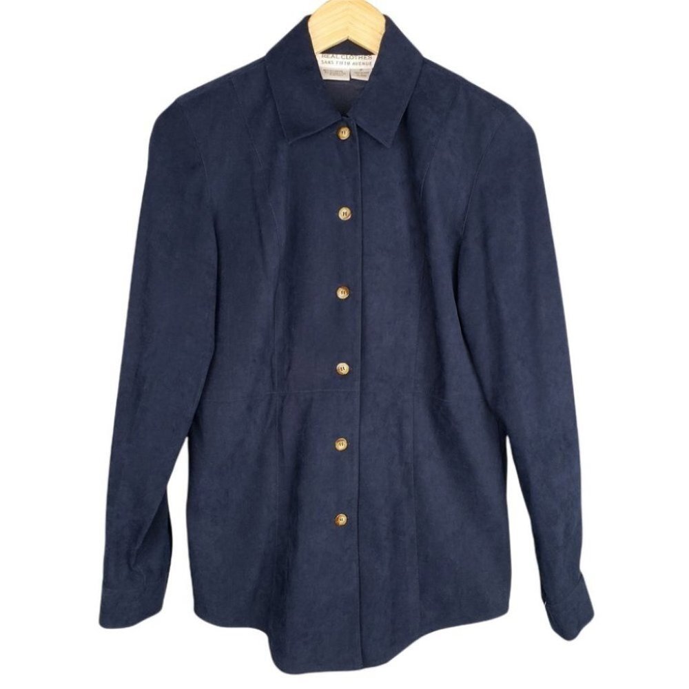 Real Clothes Saks Fifth Avenue Faux Suede Navy Blue Button Up Top Longline Sz P